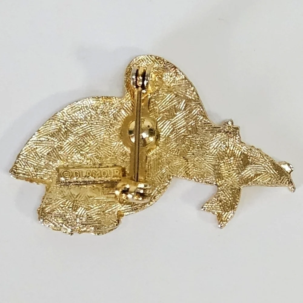 VINTAGE Glamour Signed MCM Gold-Tone Pelican & Fish Bird Pin Brooch Unique